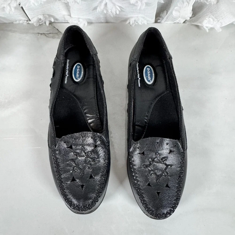 Dr Scholl's Vintage Black Leather Comfort Flats Moc Toe Slip On Grannycore 6.5 M - Picture 1 of 12